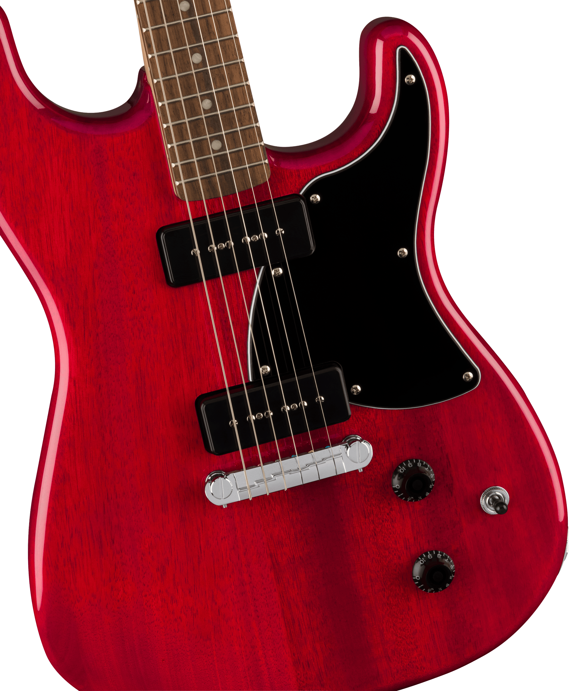 Squier® Paranormal Strat-O-Sonic, Laurel Fingerboard, Black Pickguard, Crimson Red Transparent