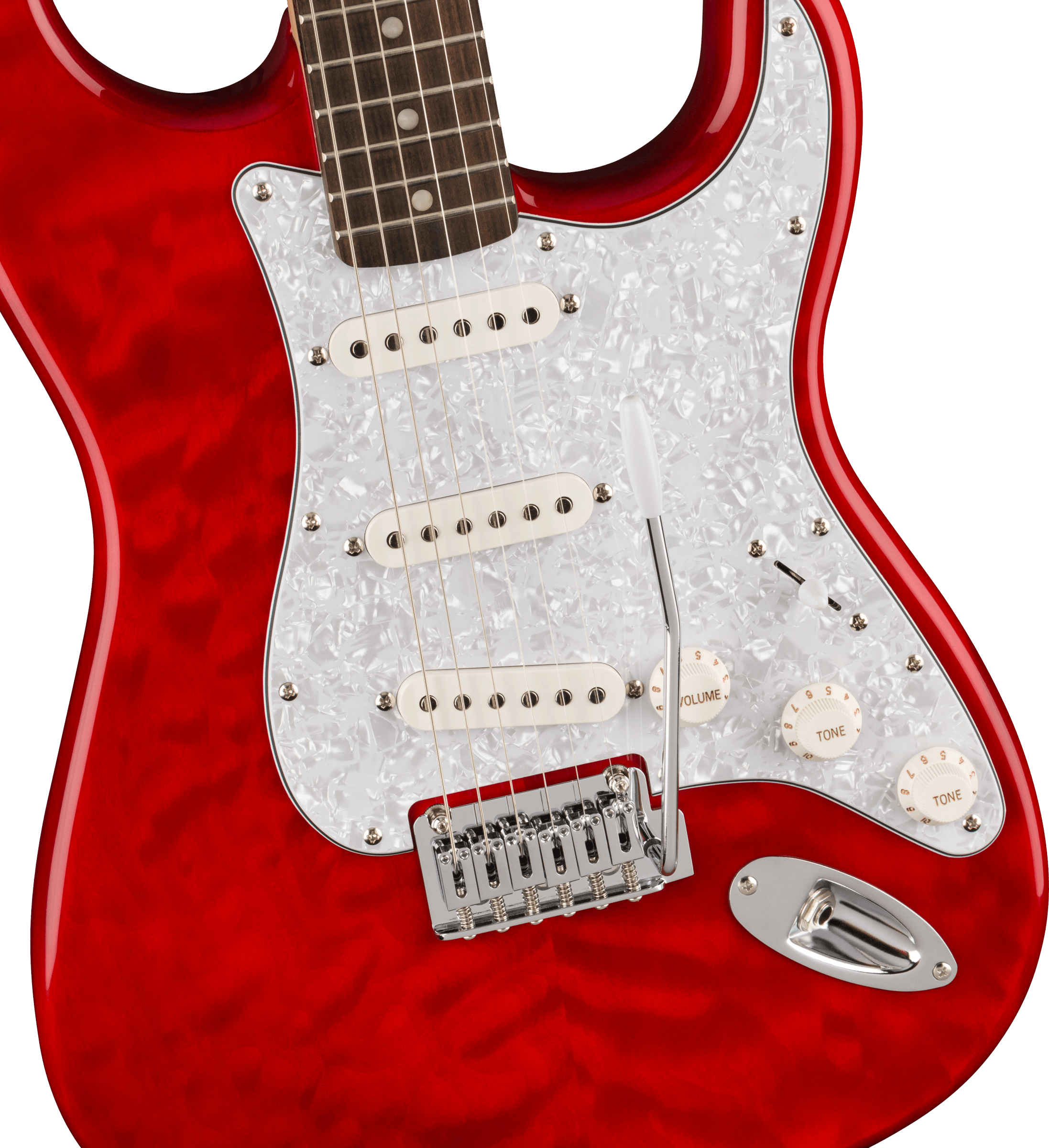 Squier®  FSR Affinity Series™ Stratocaster® QMT, Laurel Fingerboard, White Pearloid Pickguard, Crimson Red Transparent