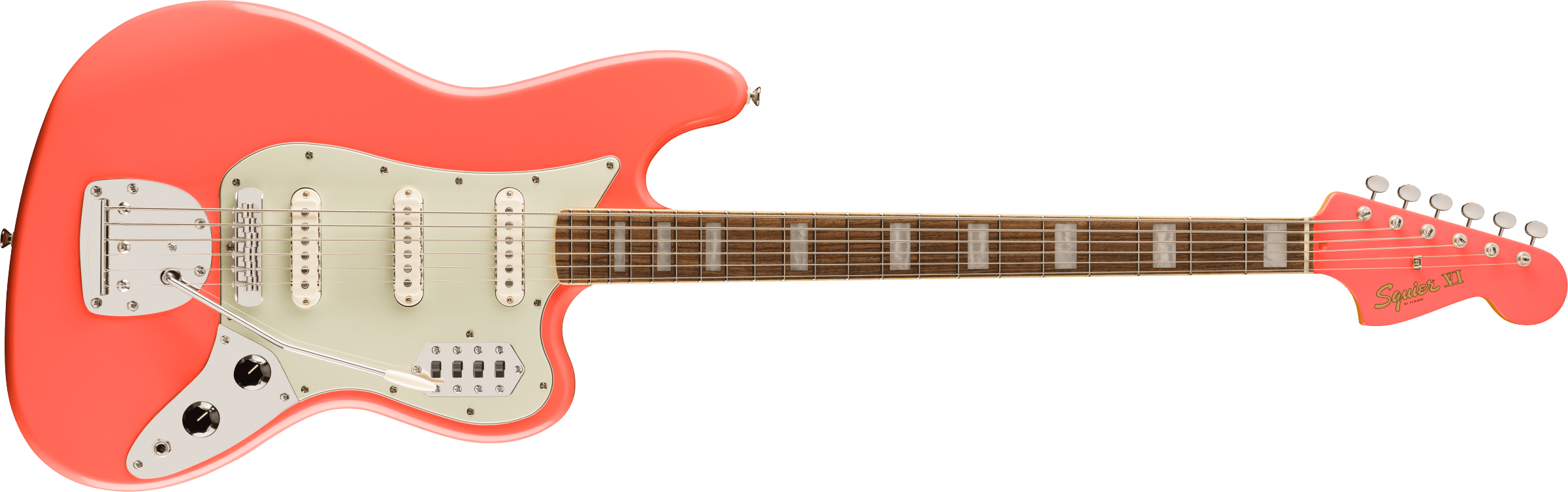 Squier® FSR Classic Vibe™ Bass VI, Laurel Fingerboard, Mint Pickguard, Matching Headstock, Tahitian Coral