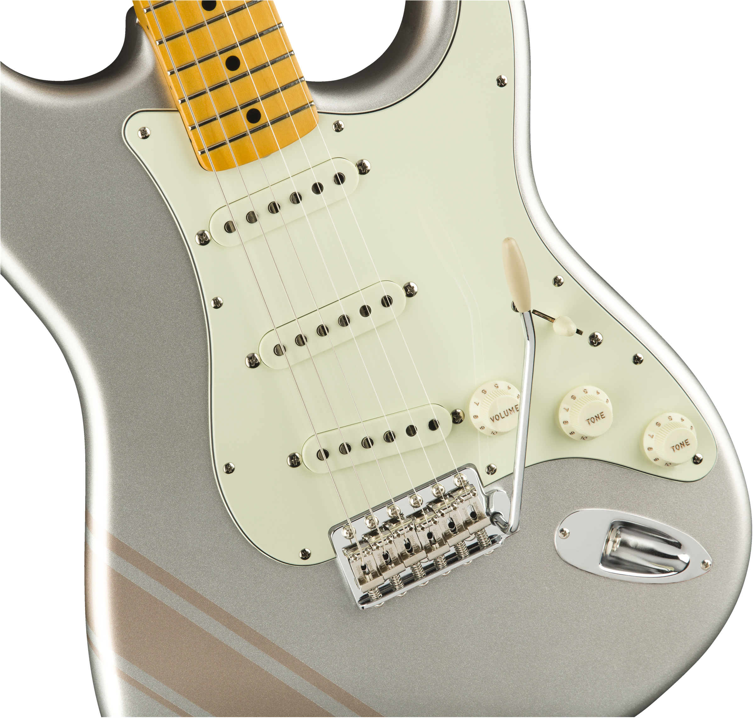 Fender® FSR Traditional 50s Strat, Maple Fingerboard, Inca Silver with Shoreline Gold Stripes
