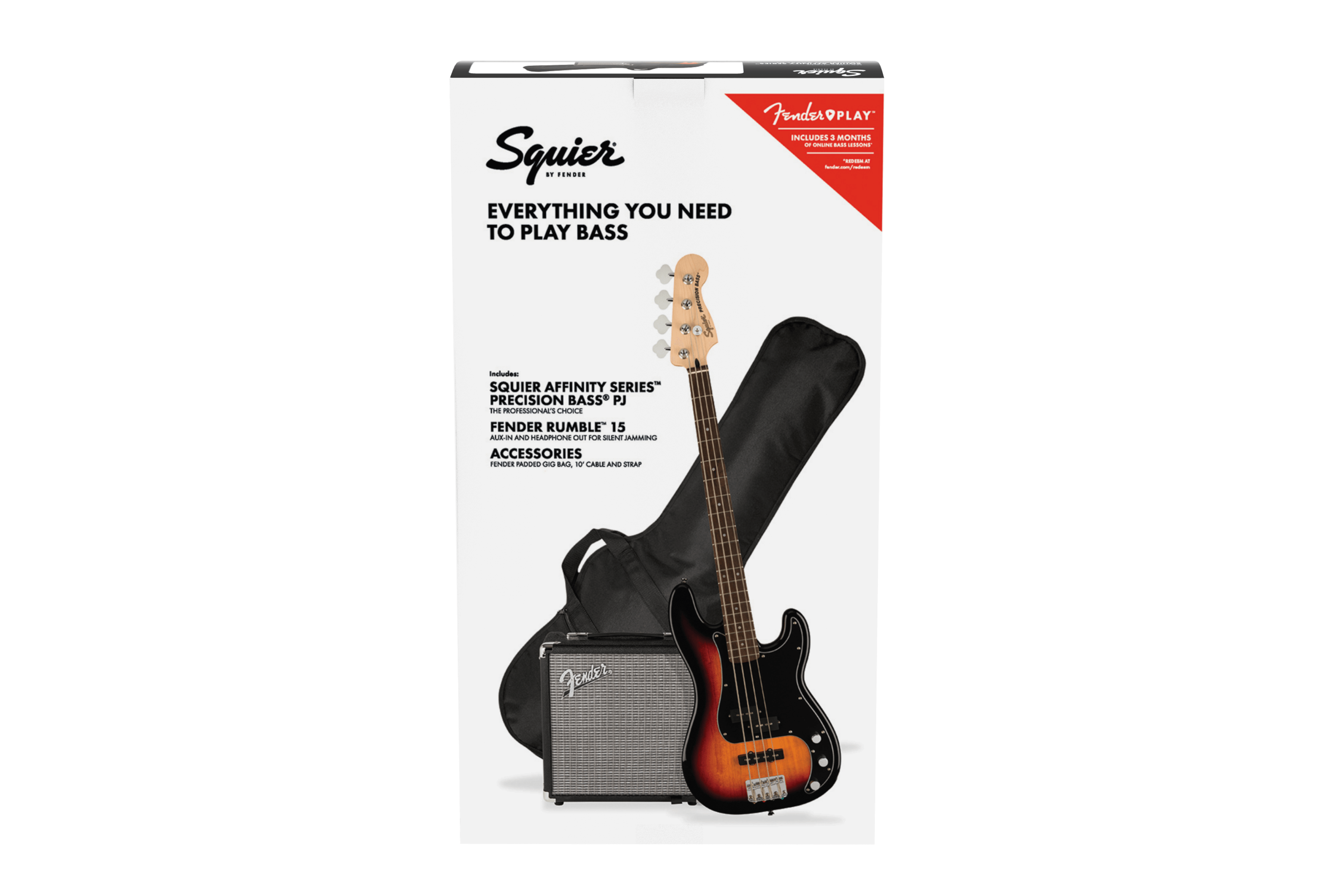 Squier® Affinity Series® Precision Bass® PJ Pack, Laurel Fingerboard, 3-Color Sunburst, Gig Bag, Rumble 15 - 230V UK