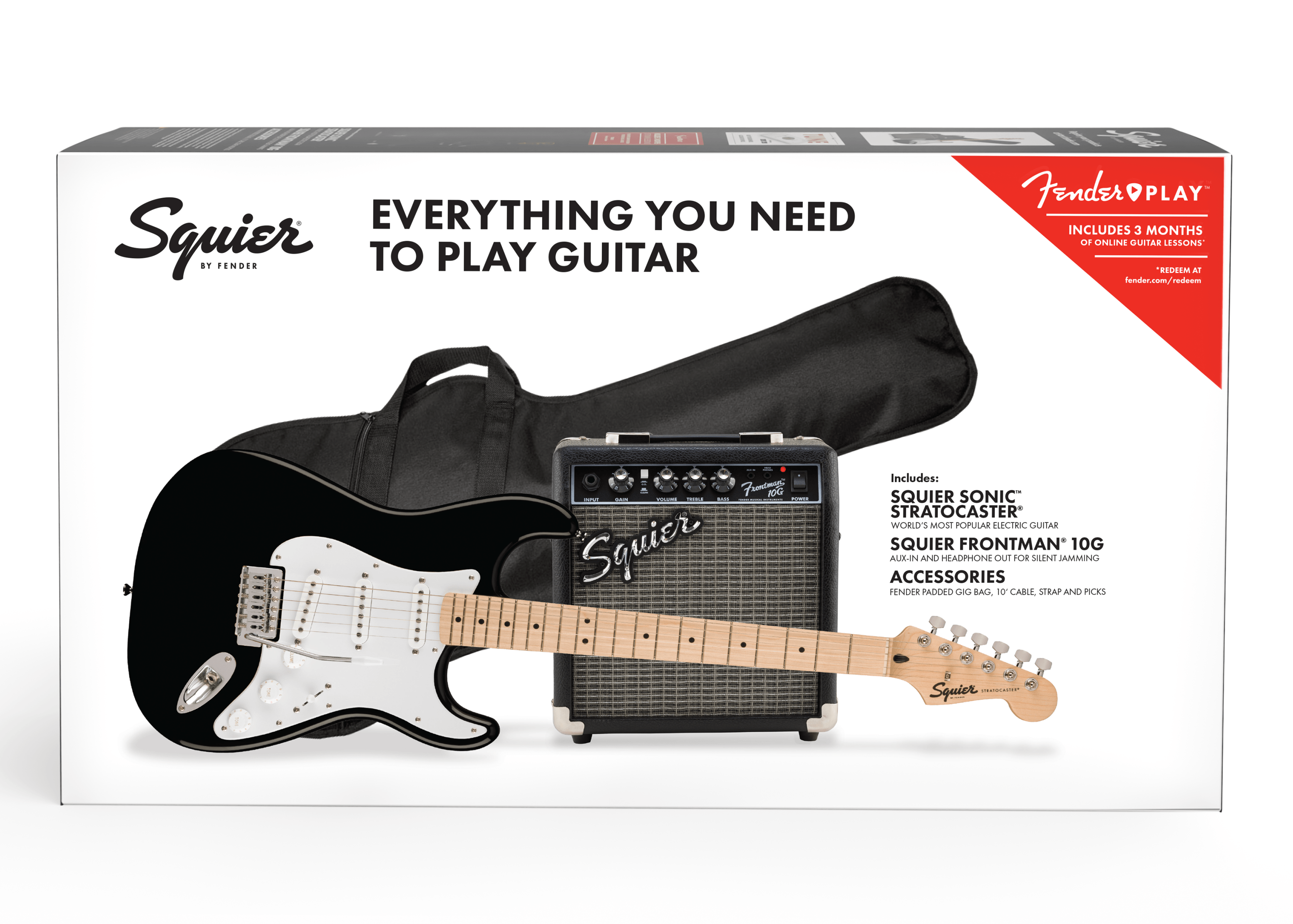 Squier® Sonic® Stratocaster® Pack, Maple Fingerboard, Black, Gig Bag, 10G - 230V EU