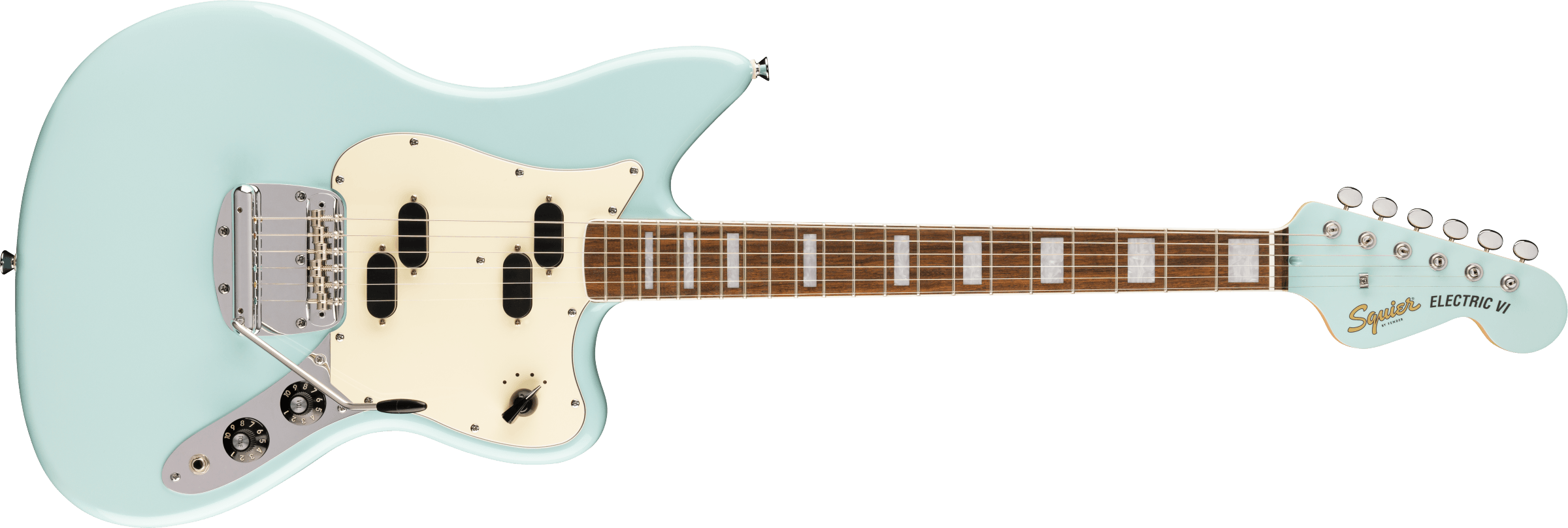 Squier® Paranormal Electric VI, Laurel Fingerboard, Parchment Pickguard, Matching Headstock, Daphne Blue