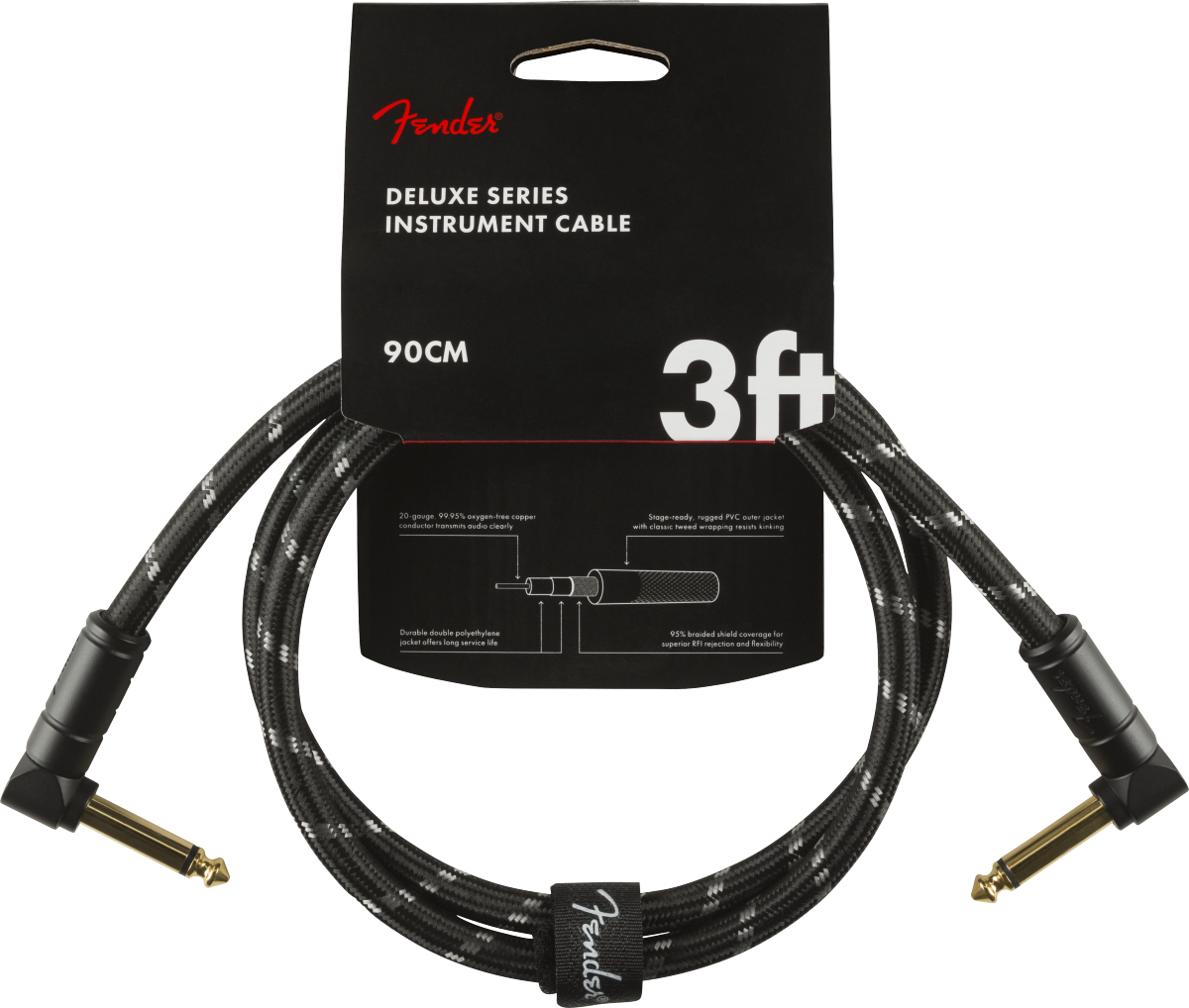 Fender® Deluxe Series Instrument Cable, Angle/Angle, 3', Black Tweed