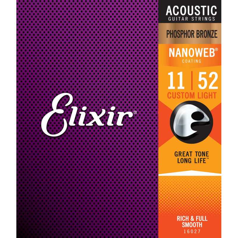 Elixir® 16027 Acoustic Phosphor Bronze NANOWEB® Coating Light Custom: .011 .015 .022 .032 .042 .052