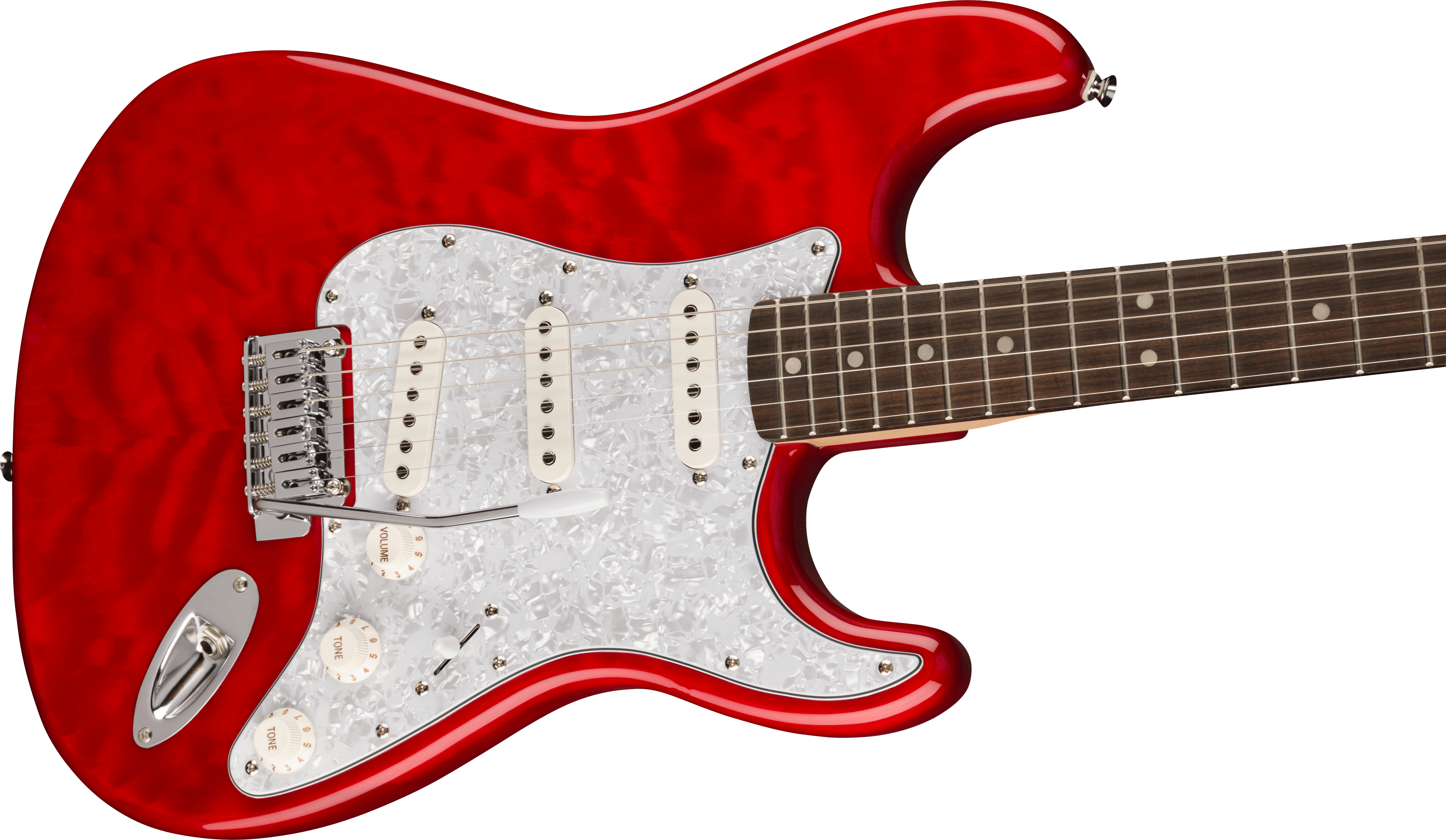 Squier®  FSR Affinity Series™ Stratocaster® QMT, Laurel Fingerboard, White Pearloid Pickguard, Crimson Red Transparent