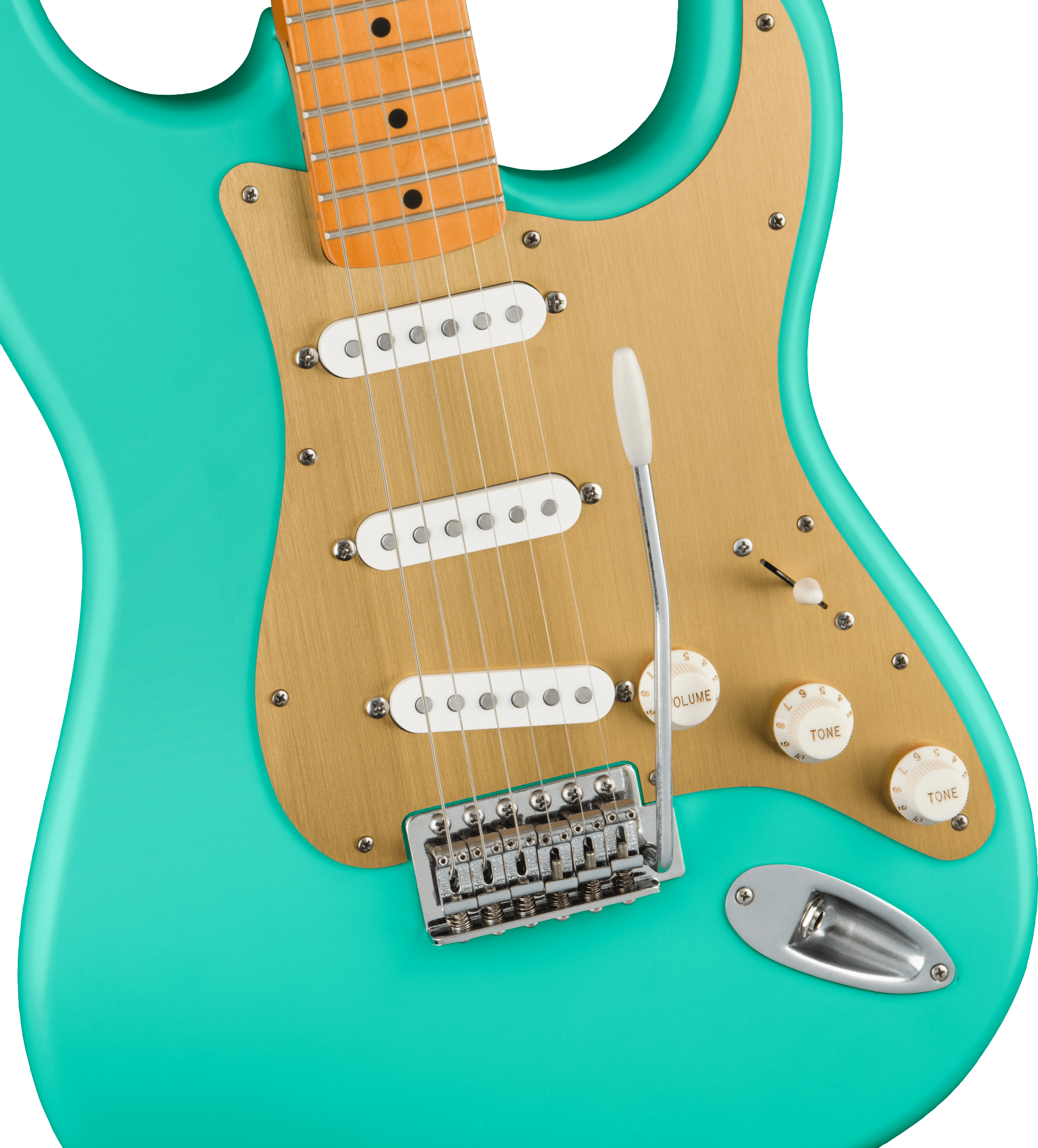 Squier® 40th Anniversary Stratocaster®, Vintage Edition, Maple Fingerboard, Gold Anodized Pickguard, Satin Sea Foam Green
