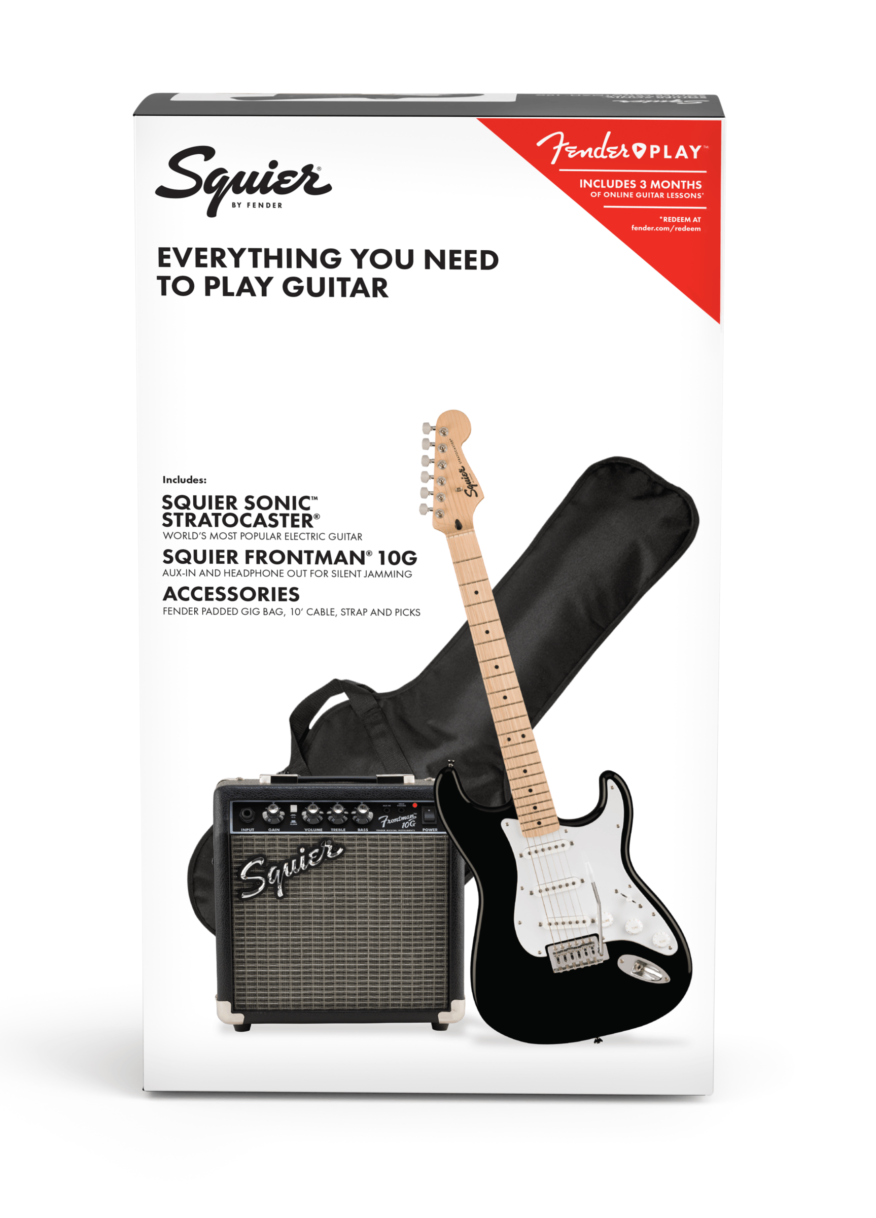 Squier® Sonic® Stratocaster® Pack, Maple Fingerboard, Black, Gig Bag, 10G - 230V EU
