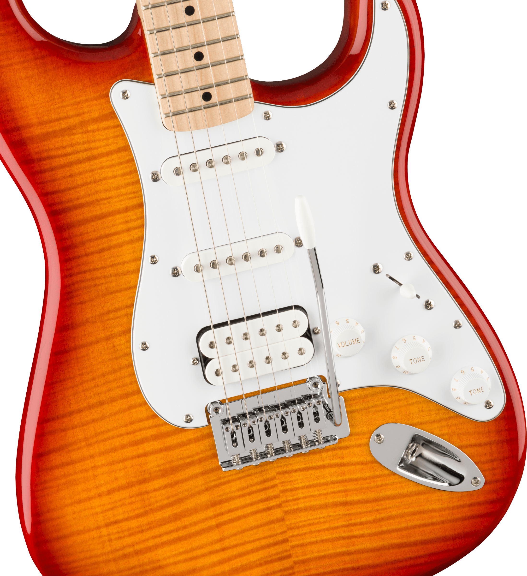 Squier® Affinity Series™ Stratocaster® FMT HSS, Maple Fingerboard, White Pickguard, Sienna Sunburst