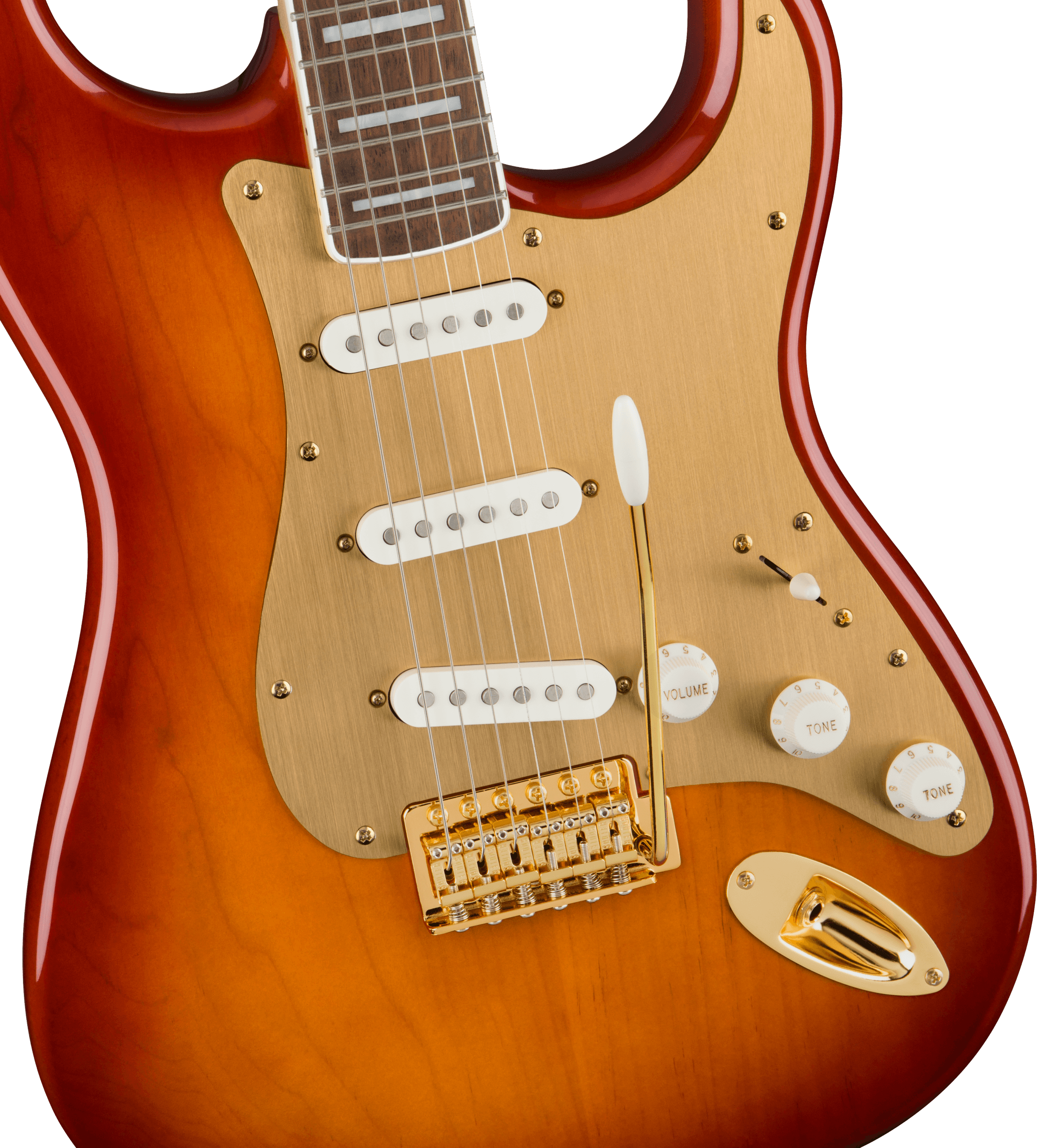 Squier® 40th Anniversary Stratocaster®, Gold Edition, Laurel Fingerboard, Gold Anodized Pickguard, Sienna Sunburst