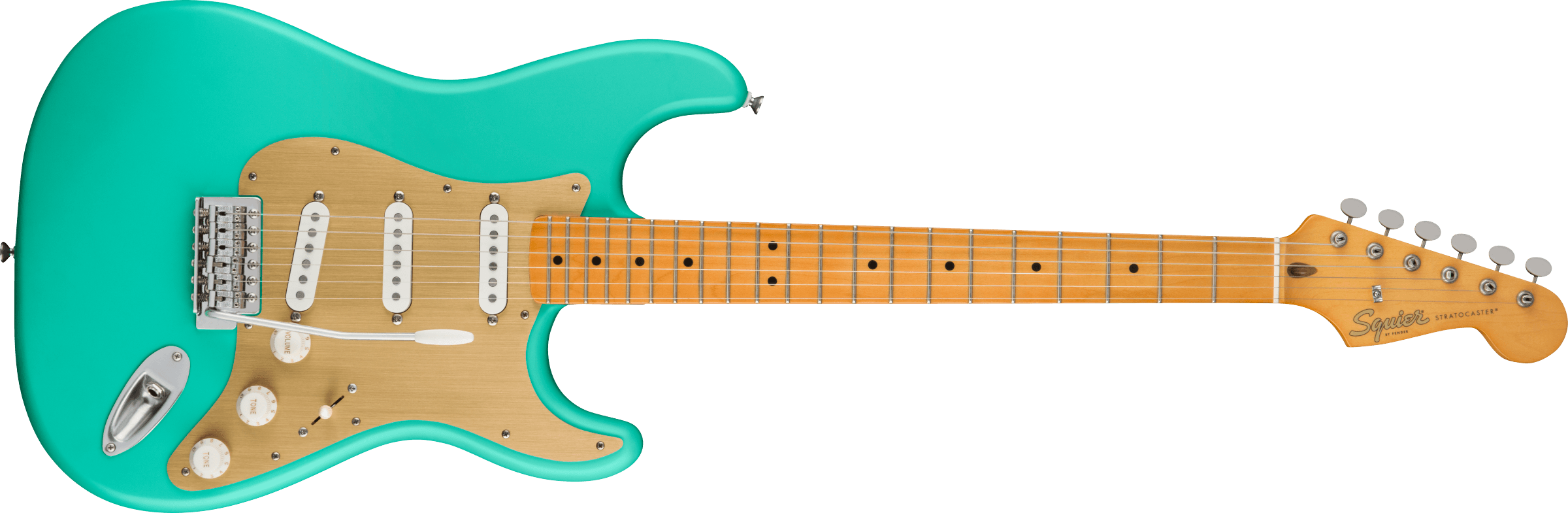 Squier® 40th Anniversary Stratocaster®, Vintage Edition, Maple Fingerboard, Gold Anodized Pickguard, Satin Sea Foam Green