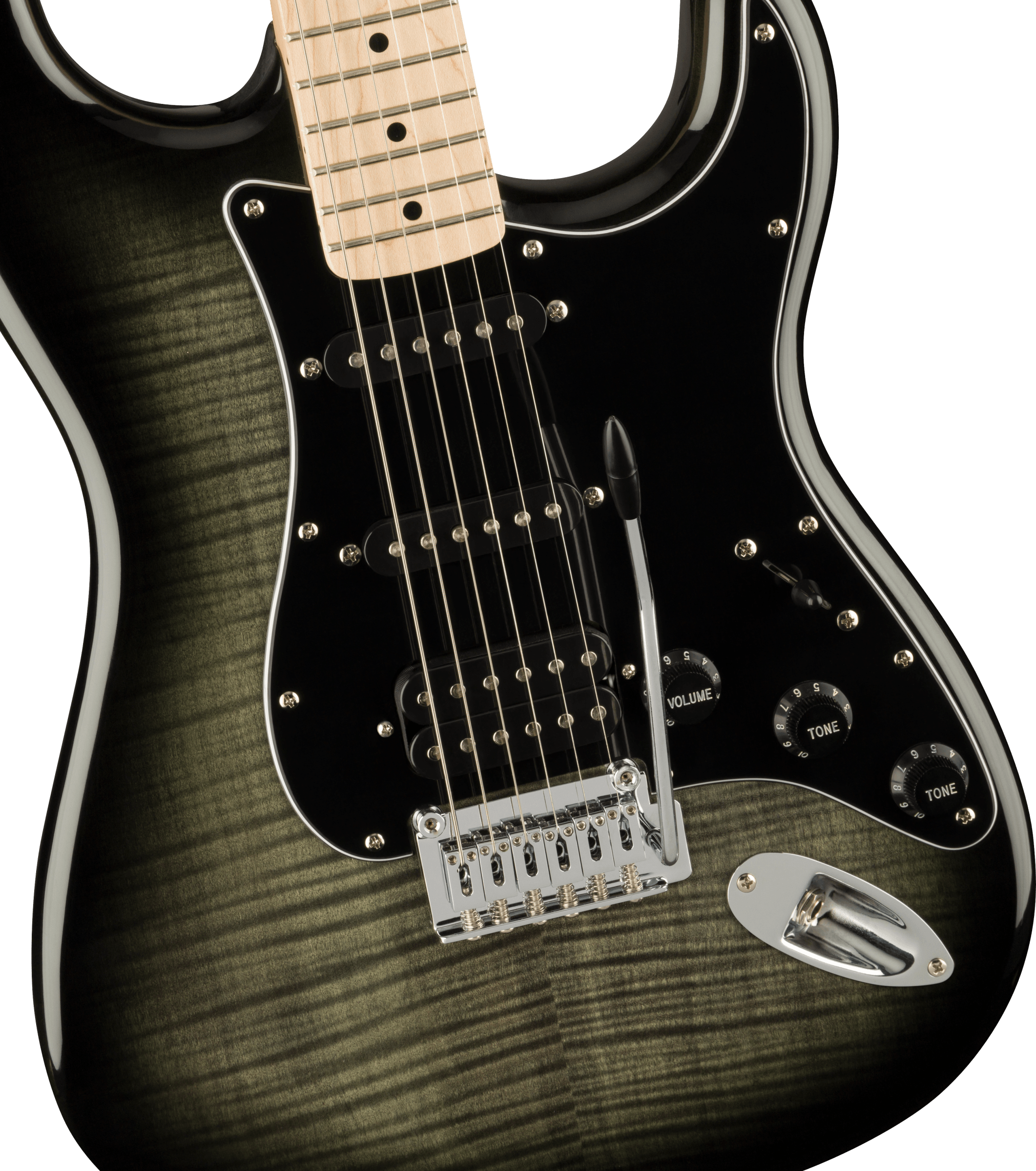 Squier® Affinity Series™ Stratocaster® FMT HSS, Maple Fingerboard, Black Pickguard, Black Burst