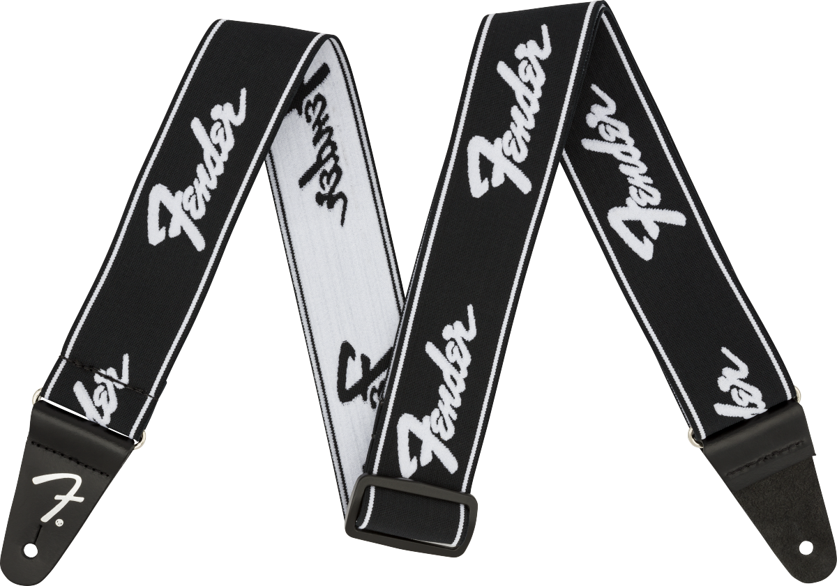 Fender® WeighLess™ Running Logo Strap, Black/White, 2"