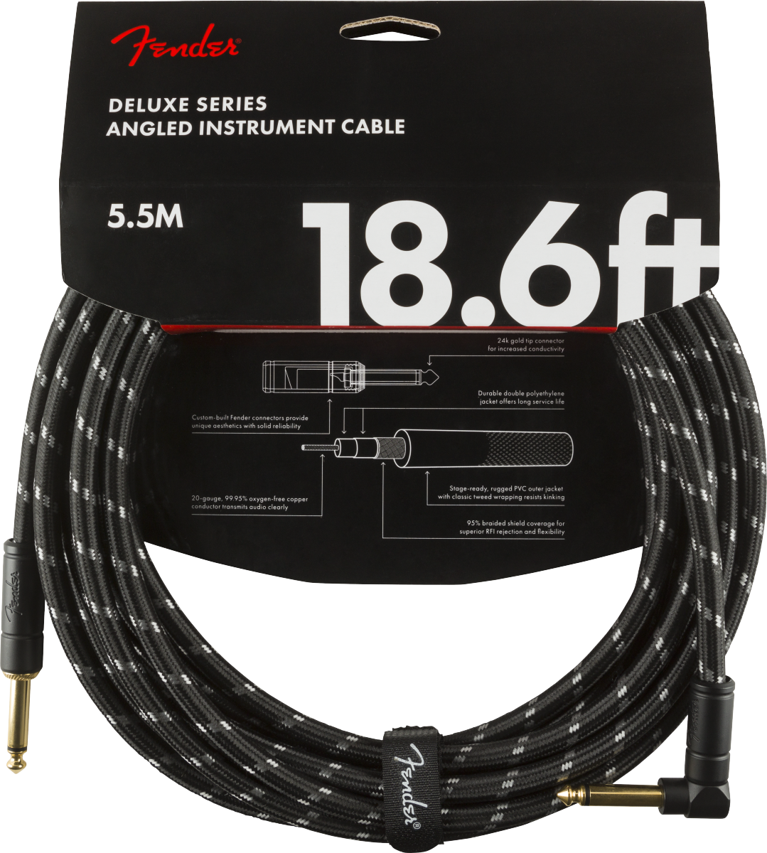 Fender® Deluxe Series Instrument Cable, Straight/Angle, 18.6', Black Tweed