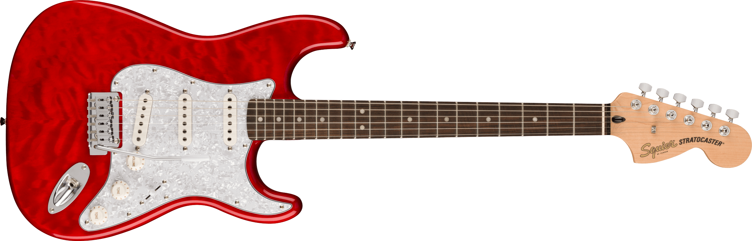 Squier®  FSR Affinity Series™ Stratocaster® QMT, Laurel Fingerboard, White Pearloid Pickguard, Crimson Red Transparent