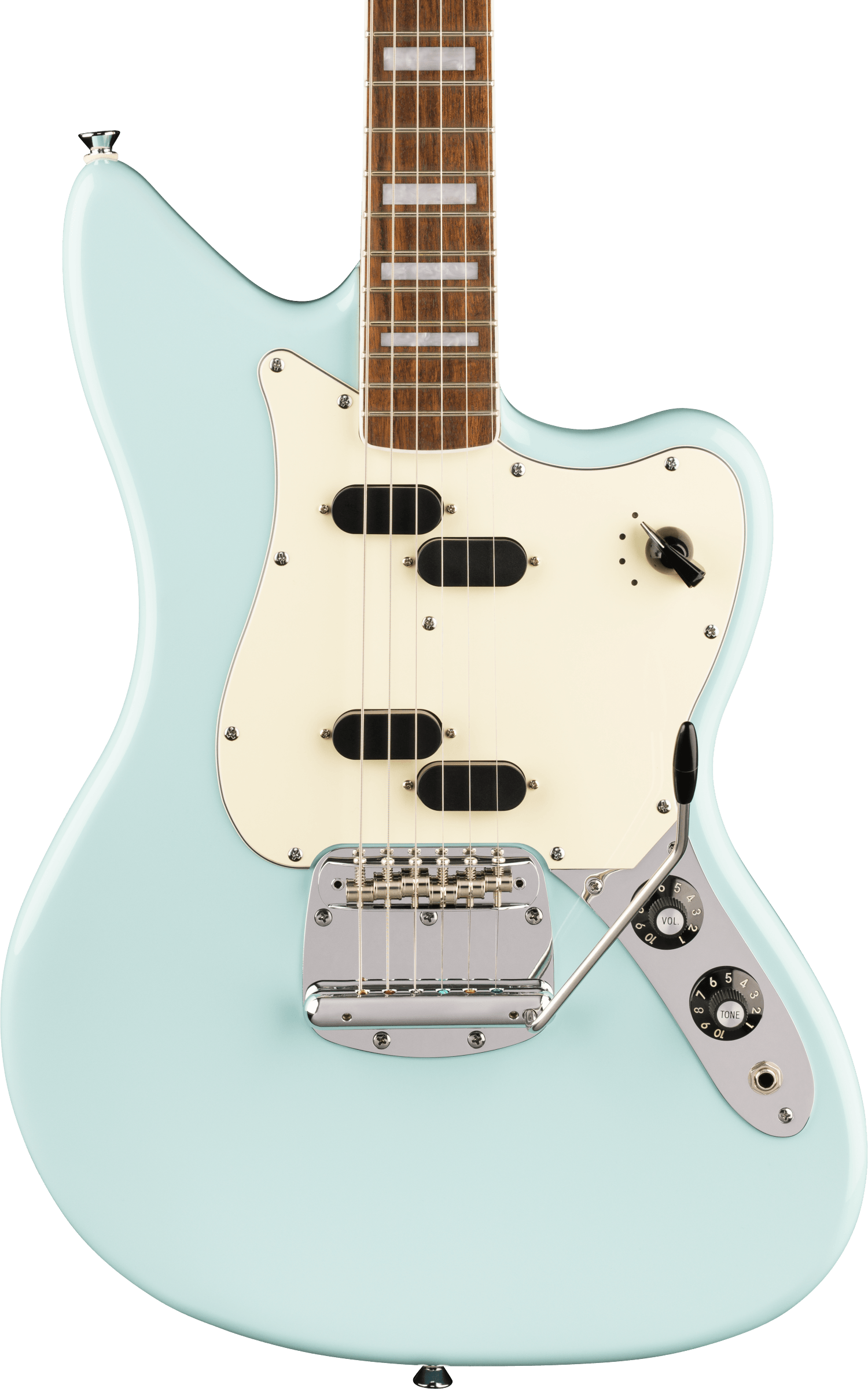 Squier® Paranormal Electric VI, Laurel Fingerboard, Parchment Pickguard, Matching Headstock, Daphne Blue
