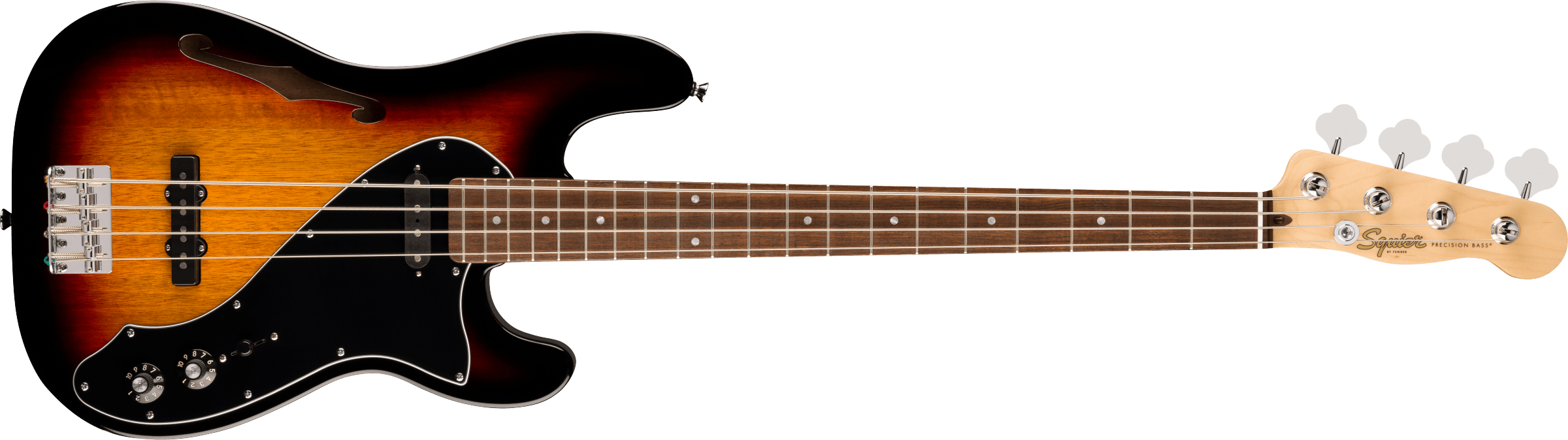 Squier® Paranormal Precision Bass® Thinline SJ, Laurel Fingerboard, Black Pickguard, 3-Color Sunburst