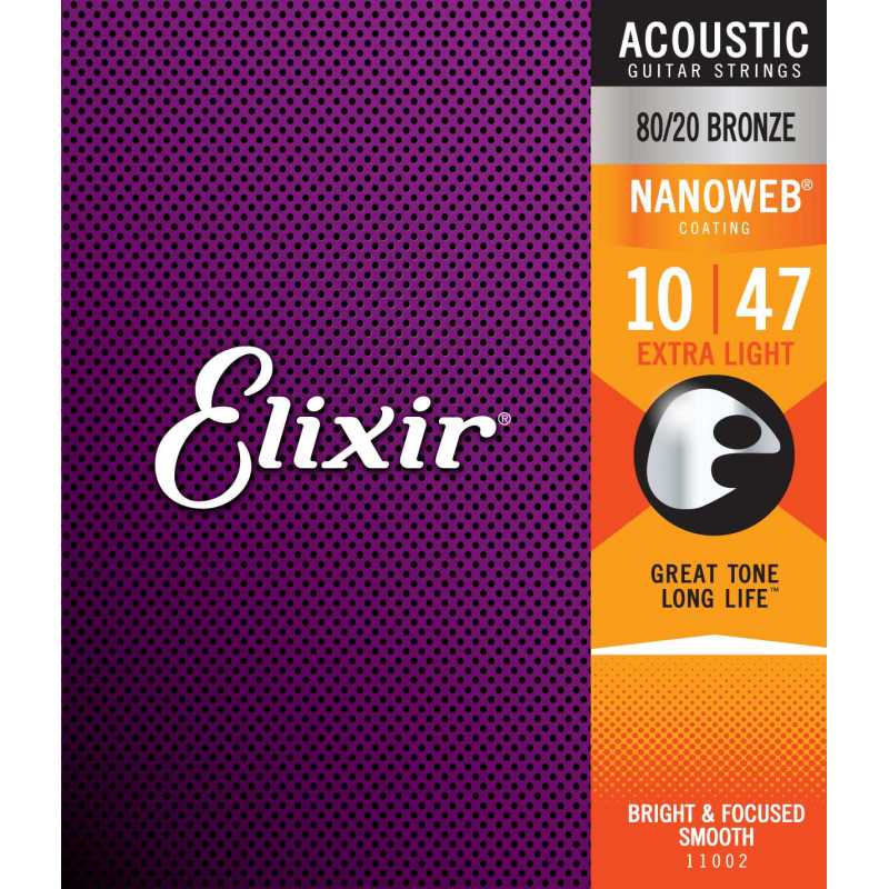 Elixir® 11002 Acoustic 80/20 Bronze Strings NANOWEB® Coating Extra Light: .010 .014 .023 .030 .039 .047