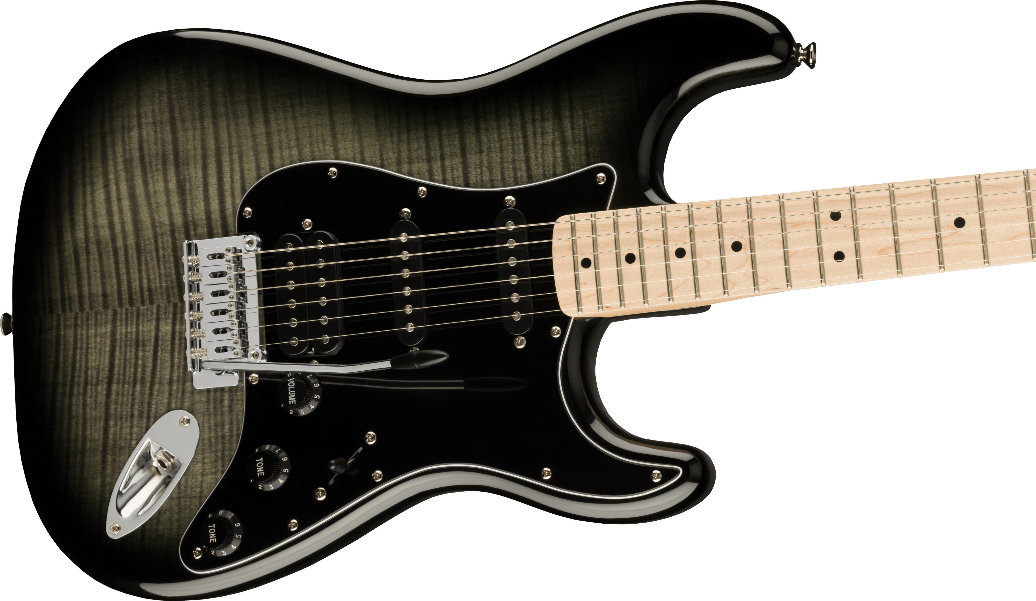 Squier® Affinity Series™ Stratocaster® FMT HSS, Maple Fingerboard, Black Pickguard, Black Burst