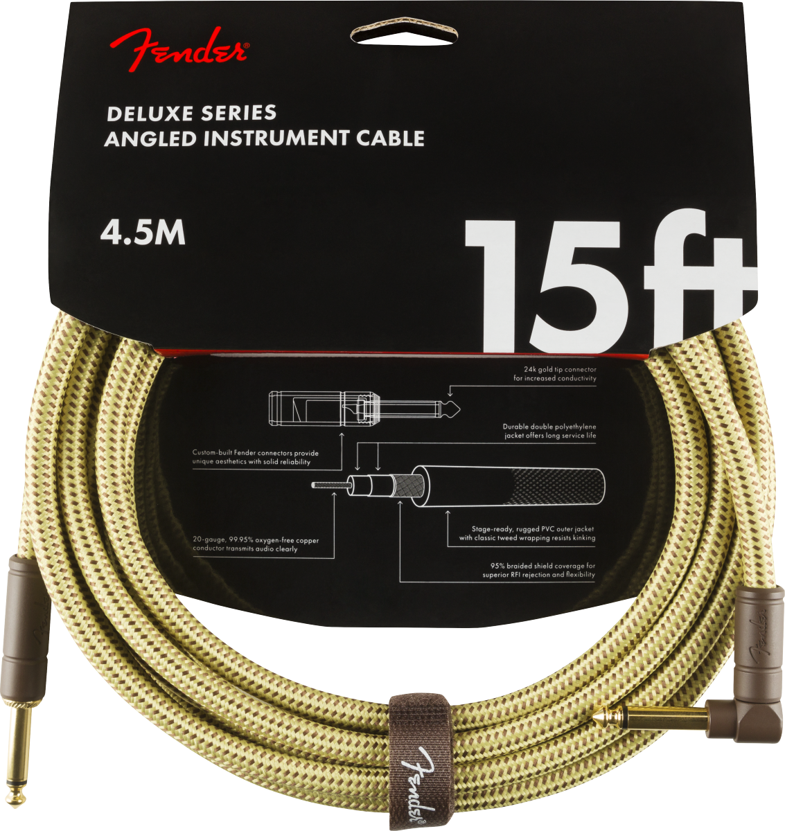 Fender® Deluxe Series Instrument Cable, Straight/Angle, 15', Tweed