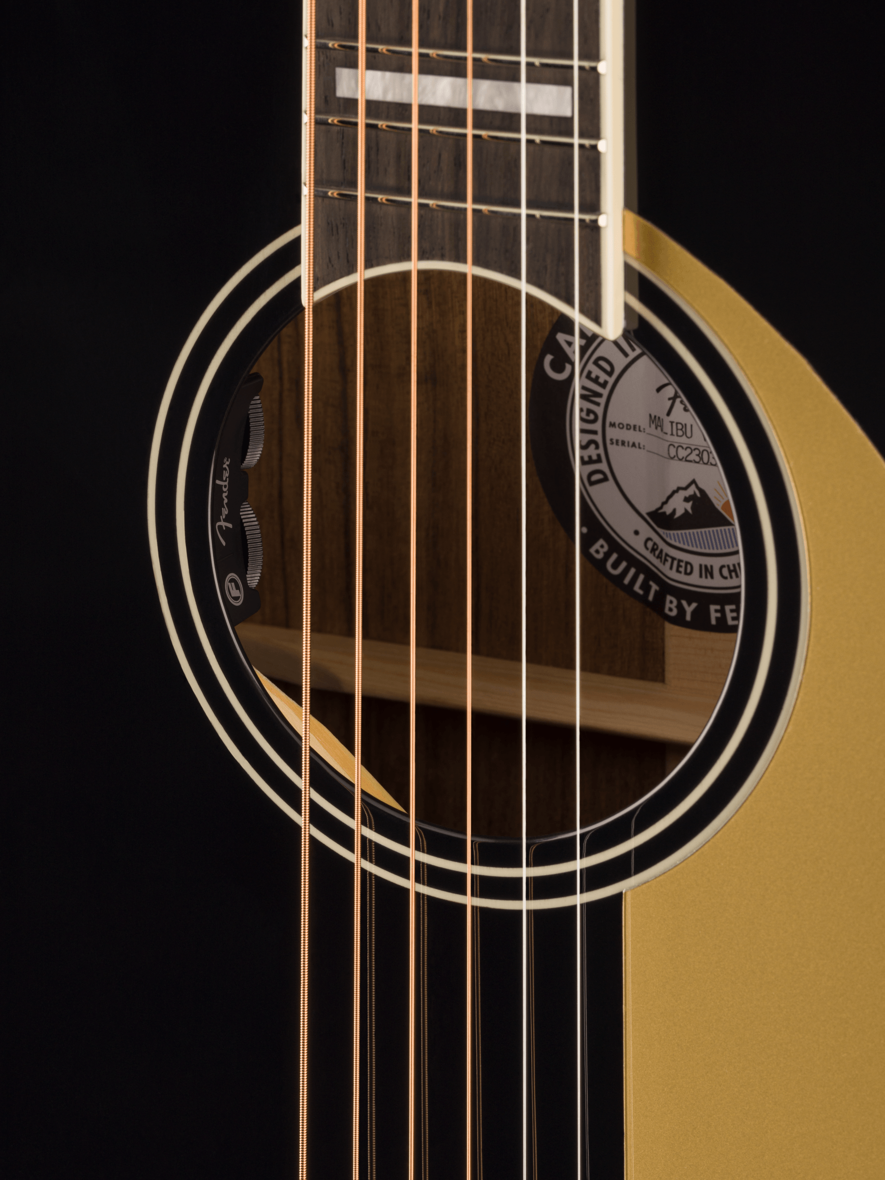 Fender® California Vintage Malibu with Case, Gold Pickguard, Matching Headstock, Black