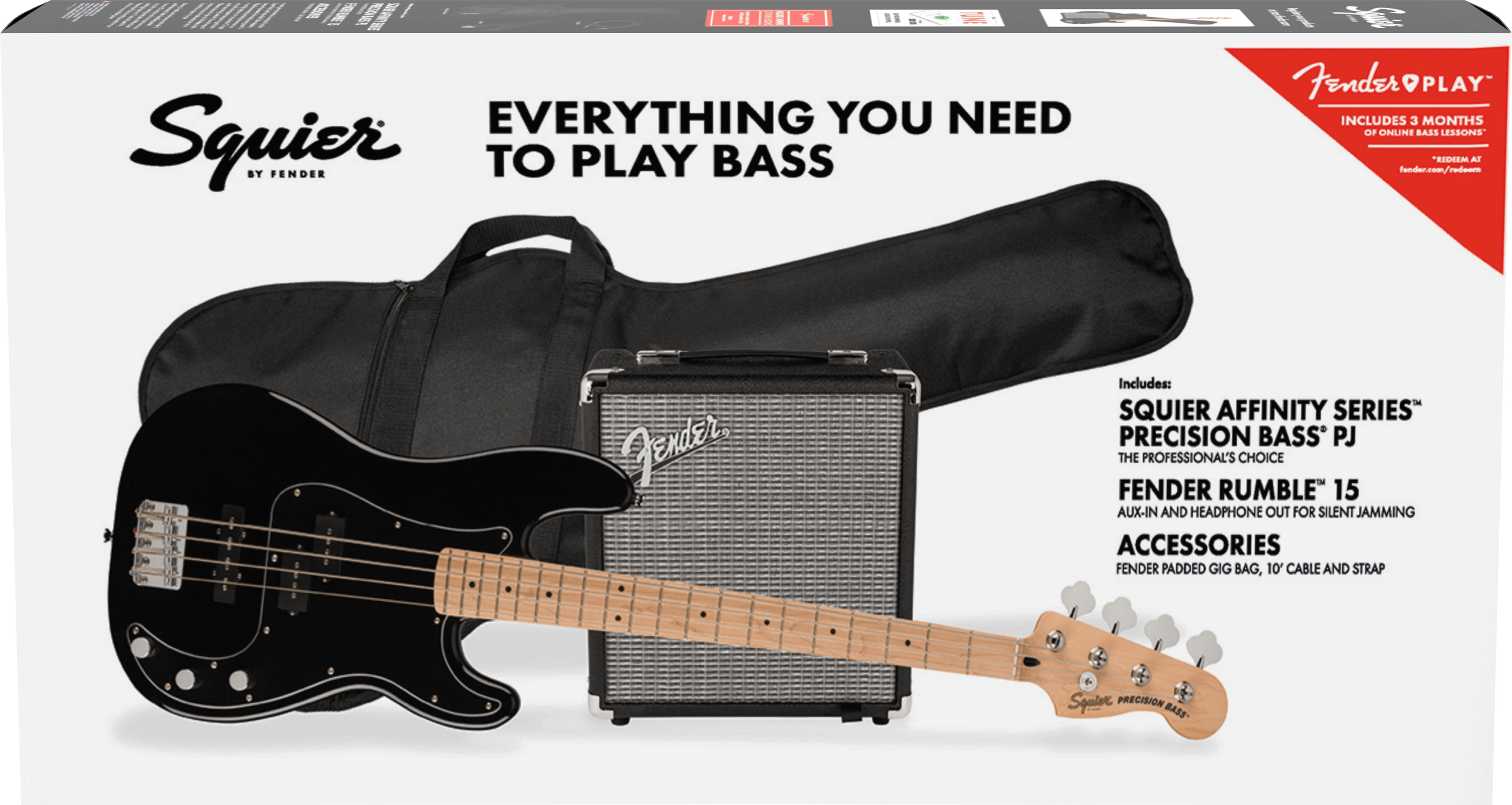 Squier® Affinity Series™ Precision Bass® PJ Pack, Maple Fingerboard, Black, Gig Bag, Rumble 15 - 230V EU