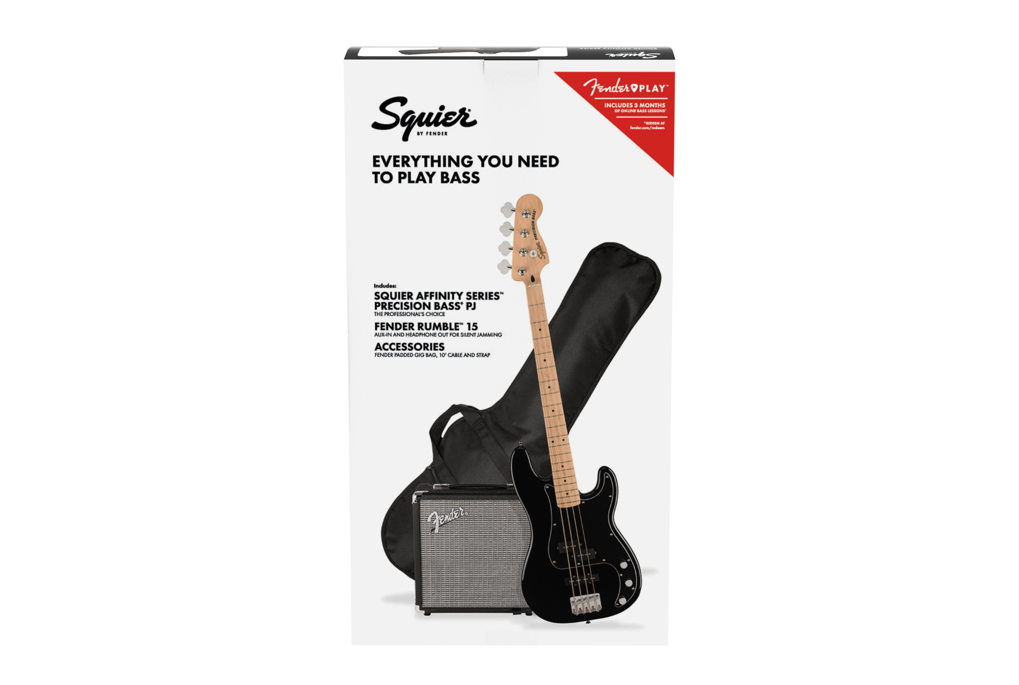 Squier® Affinity Series™ Precision Bass® PJ Pack, Maple Fingerboard, Black, Gig Bag, Rumble 15 - 230V EU