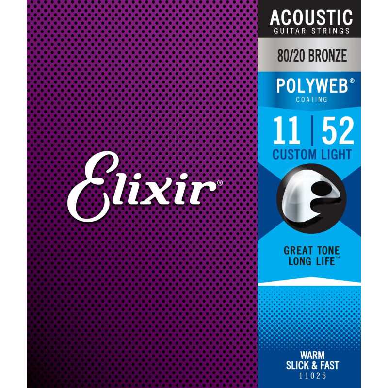 Elixir® 11025 Acoustic 80/20 Bronze Strings POLYWEB® Coating Light Custom: .011 .015 .022 .032 .042 .052