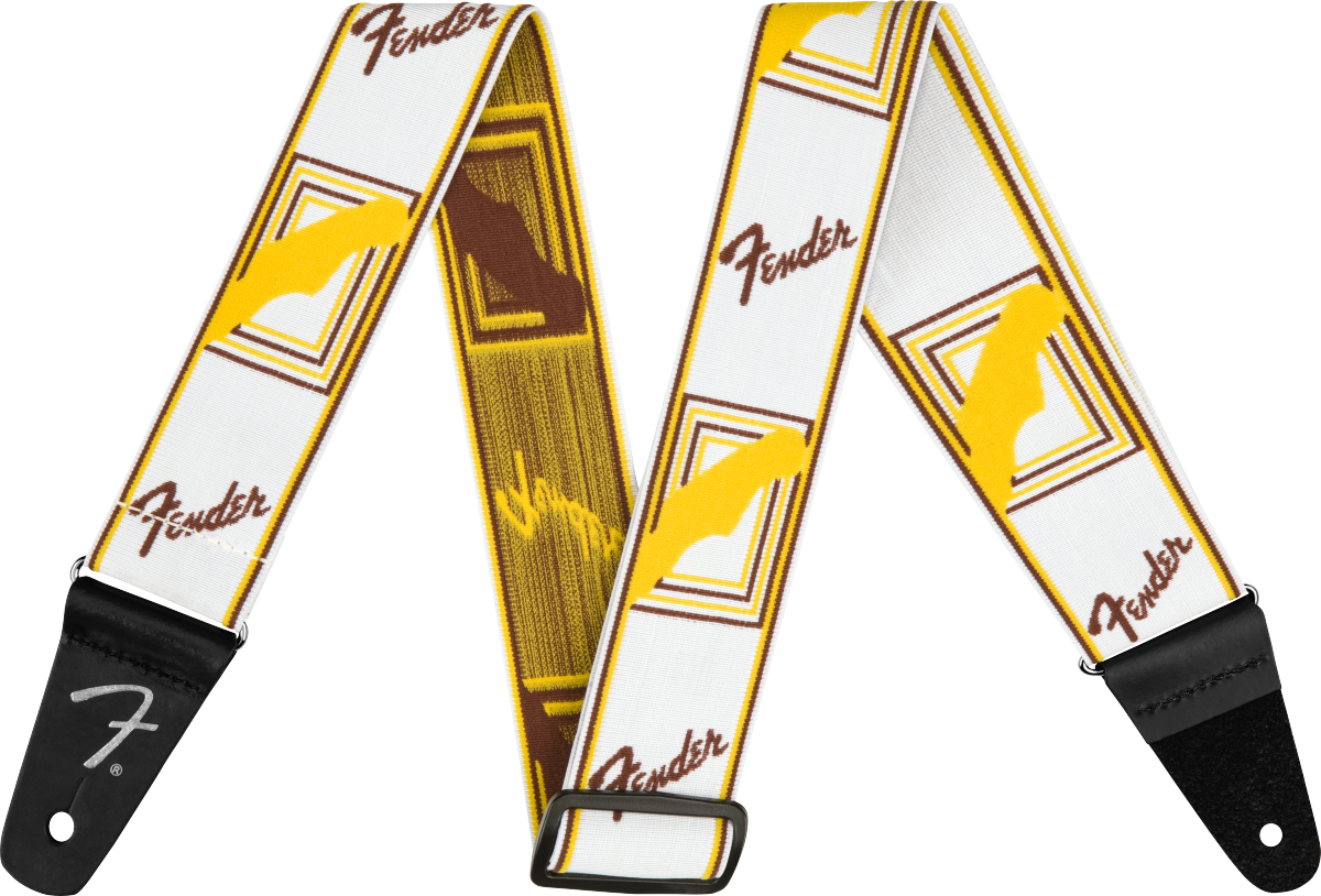 Fender® WeighLess™ Monogram Strap, White/Brown/Yellow, 2"