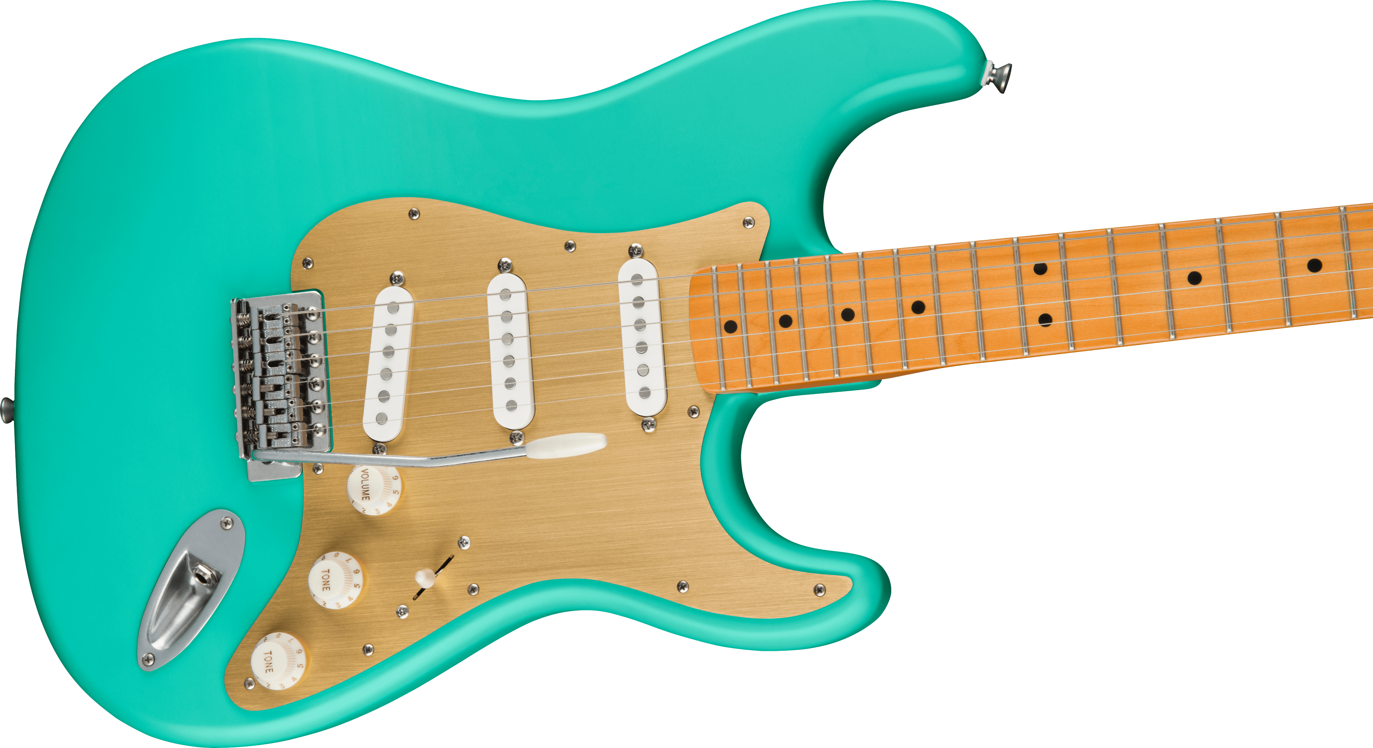 Squier® 40th Anniversary Stratocaster®, Vintage Edition, Maple Fingerboard, Gold Anodized Pickguard, Satin Sea Foam Green
