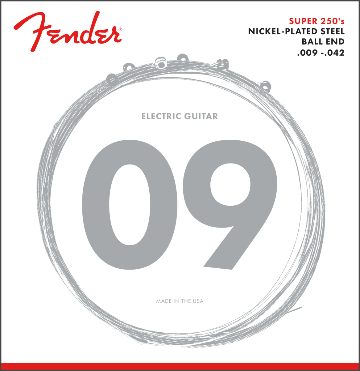 Fender® Super 250 Guitar Strings, Nickel Plated Steel, Ball End, 250L Gauges .009-.042