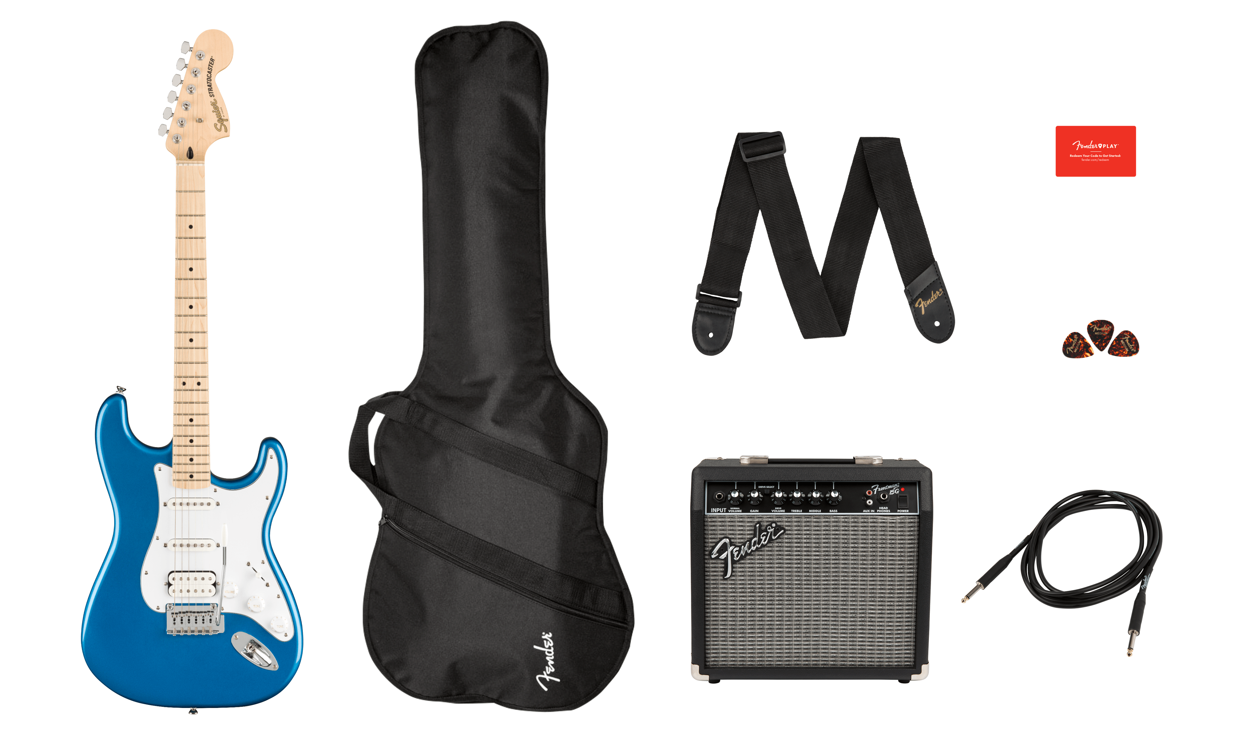 Squier® Affinity Series™ Stratocaster® HSS Pack, Maple Fingerboard, Lake Placid Blue, Gig Bag, 15G - 230V EU