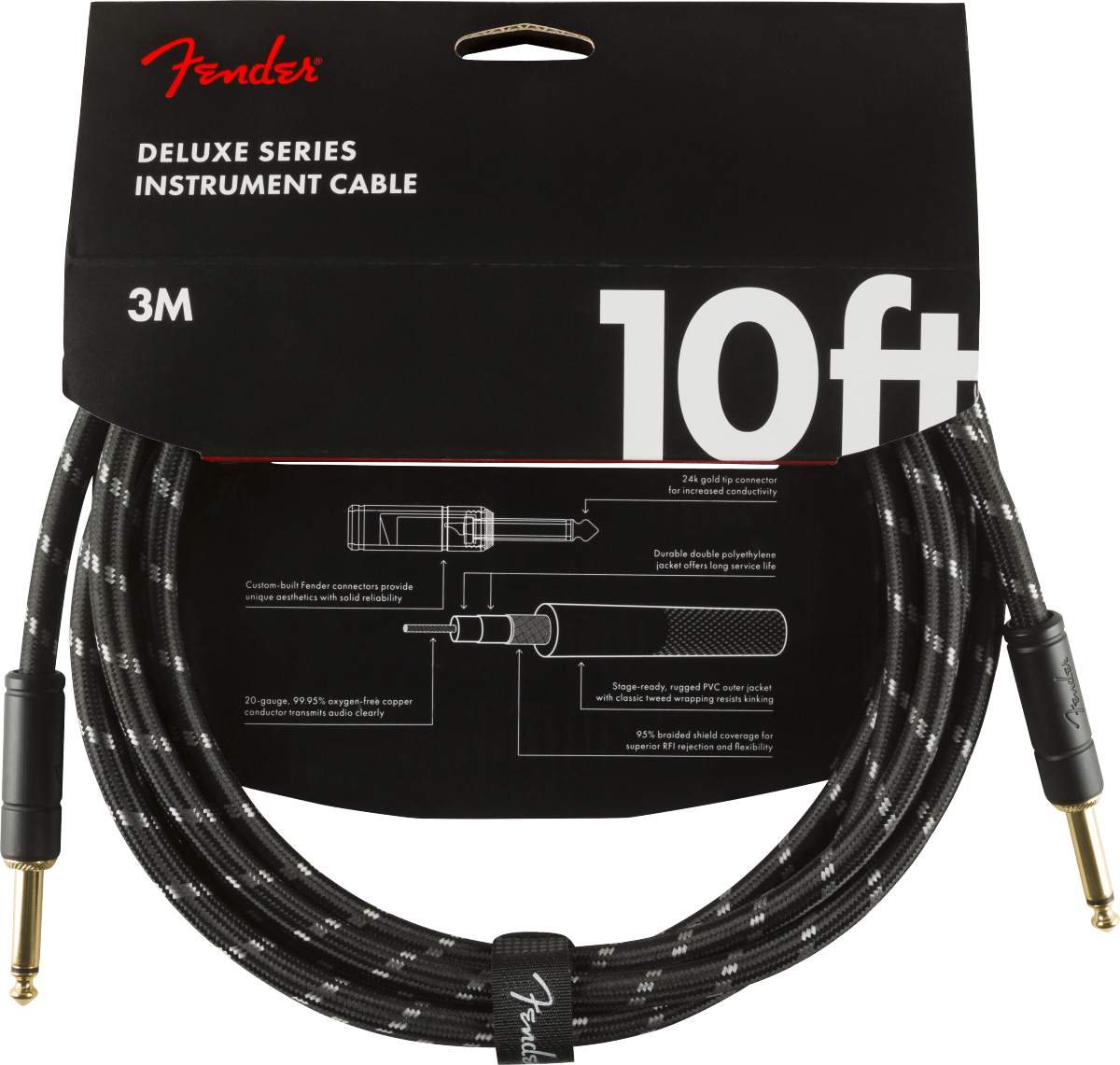 Fender® Deluxe Series Instrument Cable, Straight/Straight, 10', Black Tweed