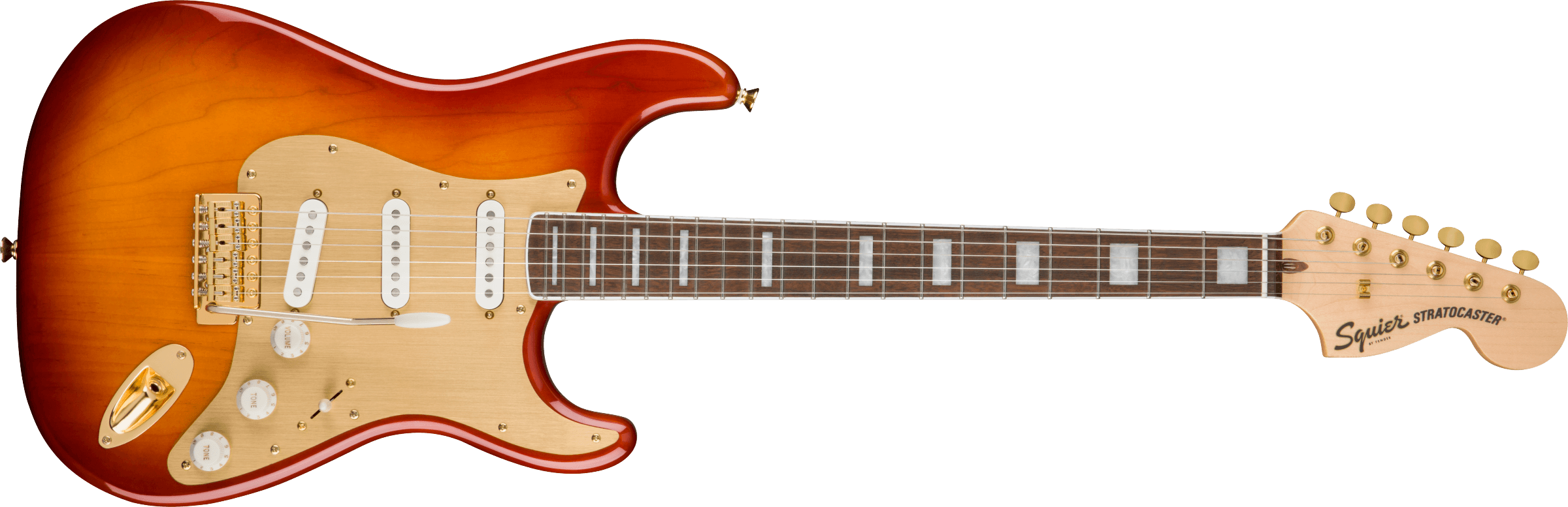 Squier® 40th Anniversary Stratocaster®, Gold Edition, Laurel Fingerboard, Gold Anodized Pickguard, Sienna Sunburst